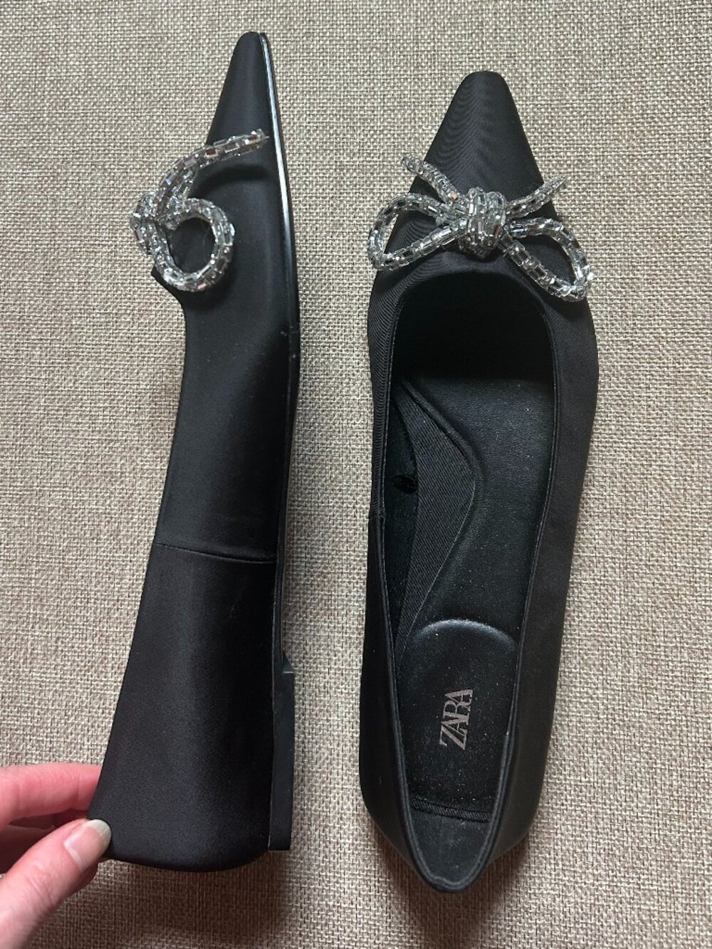 Zara Black Satin Flat with Jeweled Bow - (size 7.5) - Like new!